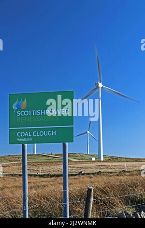 Sign at entrance to Coal Clough wind farm, Burnley Stock Photo