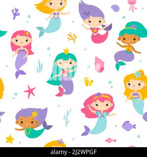 Cute seamless mermaids pattern. Funny little underwater princesses with fishes tails, cartoon seaweed, shells. Fairy creatures isolated on white Stock Vector