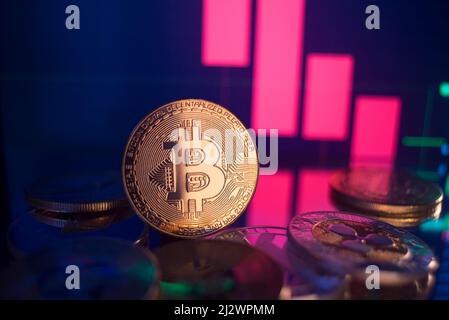 Golden coins with bitcoin logo drop at bear market. Pullback of leader cryptocurrency Bitcoin BTC in trading. Decentralized digital currency fell. Cry Stock Photo