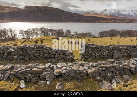 Campervan, motorhome travel, four wheel drive bimobile, Sutherland ruins, Scotland UK Stock Photo