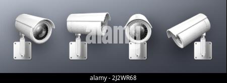 Security cam, cctv video camera, street observe surveillance equipment front and side angle view. Secure guard eye and crime prevention isolated on gr Stock Vector