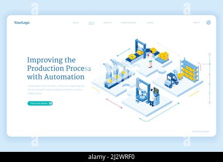 Production process with automation isometric landing page. Factory robotics arms on conveyor belt, smart warehouse logistics, cyborg industrial revolu Stock Vector