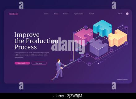 Teamwork concept with puzzle pieces and leverage. Improve production process banner. Vector landing page with isometric illustration of businessman co Stock Vector