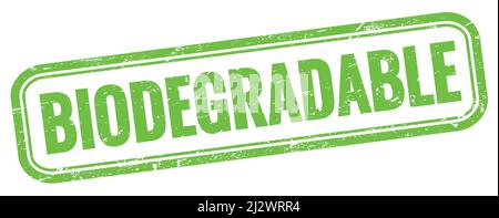 BIODEGRADABLE text on green grungy vintage rectangle stamp. Stock Photo