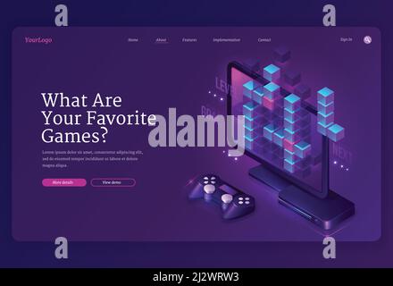 What you favorite games banner. Video and online games development, digital gadgets for players. Vector landing page with isometric computer monitor, Stock Vector