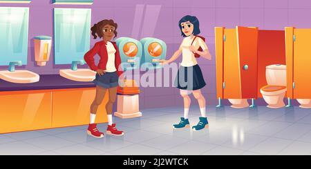Girls in public toilet with tampon and pads vending machines. Vector cartoon interior of school restroom, lavatory with wc bowl, sink and mirrors. You Stock Vector