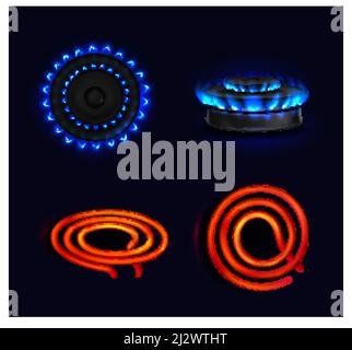 Hotplates, burning gas stove and electric coil, blue flame and red electric spiral top and side view. Kitchen burner with lit hobs, cooking oven, isol Stock Vector
