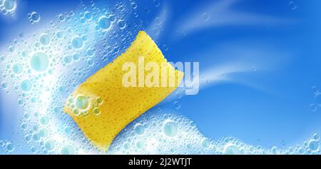 Cleaning foam with yellow sponge and bubbles on blue background with white stains, froth, foamy texture, liquid soap or shampoo lather. Laundry deterg Stock Vector