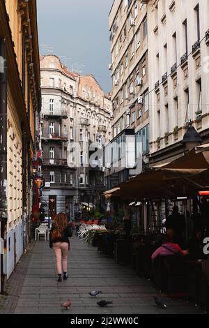 Belgrade, Serbia - April 02, 2022: Knez Mihailova Street, main touristic place in Belgrade, beautiful sidewalks with lot of restaurants and Serbian cu Stock Photo