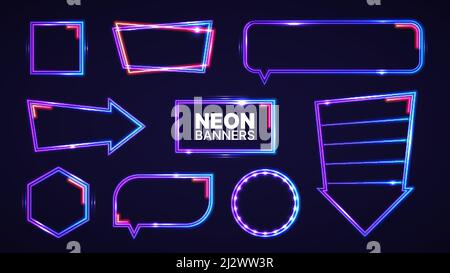 Neon banners set. Vector illustration of abstract glowing neon colored different frames for your design Stock Vector