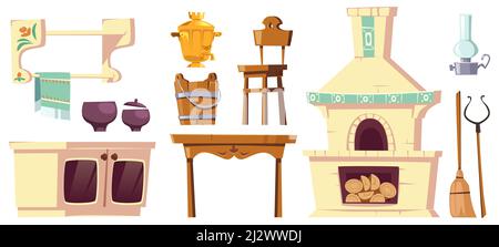 Old furniture of rural russian kitchen with oven, samovar, table, chair and grip. Vector cartoon interior set of traditional ukrainian ancient house w Stock Vector