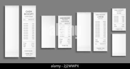 Shop receipts, paper cash checks. Vector realistic mockup of purchase bills, blank and printed invoices on white paper. Shopping cheques isolated on g Stock Vector