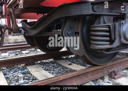 Close up of train car undercarriage, passenger train, freight train, a train brakes Stock Photo