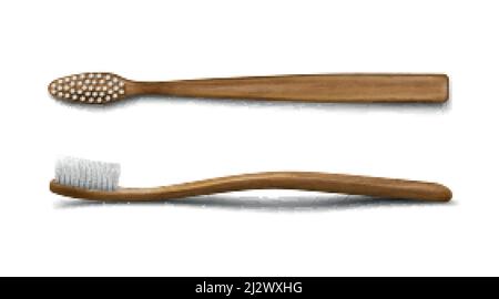 Wooden or bamboo toothbrush mockup, dental care and oral hygiene stomatological product, wood toiletries templates, wood tooth brush isolated on white Stock Vector