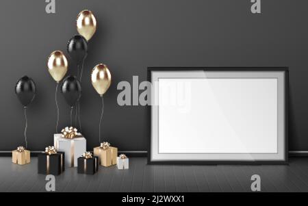 Blank frame, balloons and wrapped gift boxes of gold and black colors on grey wall background. Birthday congratulation, empty border and presents on w Stock Vector
