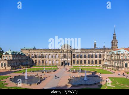 Dresden, Zwinger, Zwingerhof with Semper Gallery, French and German Pavilion, view from the Long Gallery Stock Photo