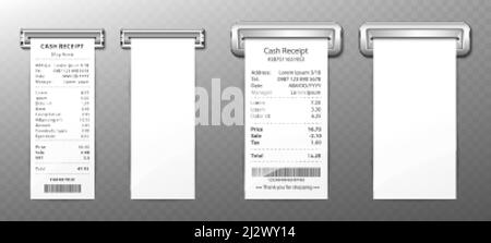 Cash receipt out of sloth, paper bill, purchase invoice, retail sum check with money total cost, store sale payment. Empty and filled blanks isolated Stock Vector