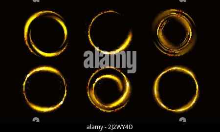 Gold circles with sparkles, golden round frames, shiny borders with glitter or fairy dust, glowing rings, fantasy design elements isolated on black ba Stock Vector