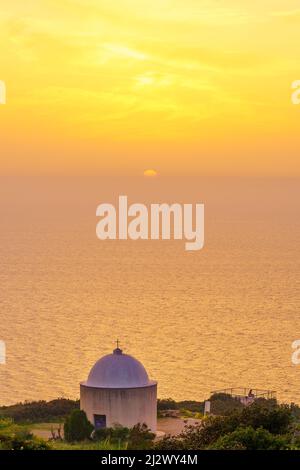 Sunset view of The Holy Family Chapel, and the Mediterranean Sea, on Mount Carmel, Haifa, Northern Israel Stock Photo