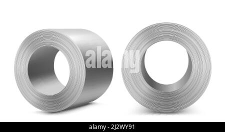 Steel rolls, industrial manufacturing business production, heavy metallurgical industry shiny metal stainless iron or aluminum cylinders isolated on w Stock Vector