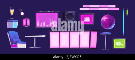 Bar or night club furniture and stuff set. Stage, cocktail, counter desk, table, armchair, high stool and dynamics, glowing lamps, stroboscope. Interi Stock Vector