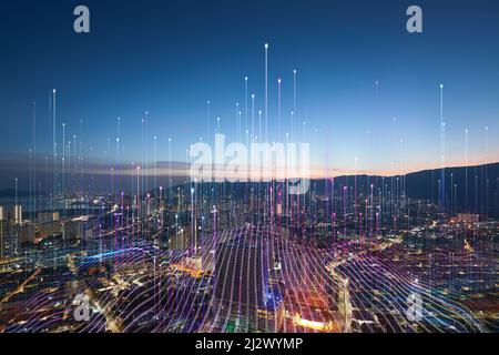 Smart city and abstract dot point connect with gradient line, big data connection technology concept. Stock Photo