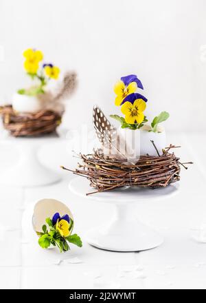 Handmade easter decoration with purple and yellow viola flowers in egg vase and nest. Floristic concept. Copy space. Stock Photo