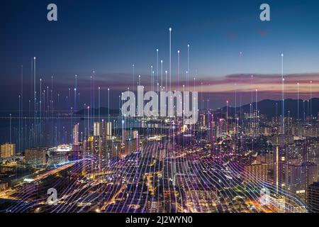 Smart city and abstract dot point connect with gradient line, big data connection technology concept. Stock Photo