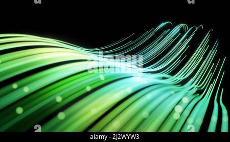 Wave lines trails flowing dynamic in green colors isolated on black background. AI technology, science, digital and communication concept. 3d renderin