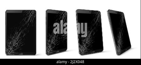 Mobile phone with broken screen front and side view, smashed smartphone, shattered electronics device with black touchscreen covered with scratches an Stock Vector