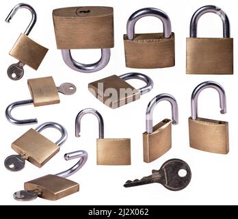 A padlock with a key for locking and securing doors and devices against burglars. Isolated background. Stock Photo