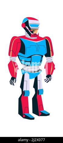 Robot evolution, man in metal exoskeleton, artificial intelligence technological progress cartoon vector in blue color Robots development Stock Vector