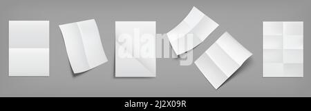 Folded blank posters, white paper sheets with crossing creases top and perspective view. Vector realistic mockup of empty wrinkled leaflet, flyer, doc Stock Vector