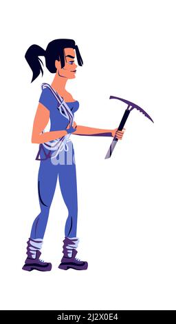 Girl rock climber in sports equipment with a pickaxe in hands, cartoon vector illustration isolated on a white background Stock Vector