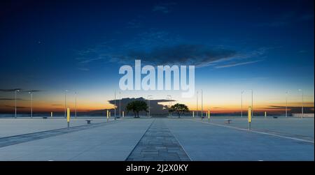 Empty floor with lamp poles and beautiful sunset sky . Stock Photo