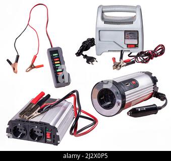 Rectifier, converter and meter for processing and testing direct current from a car battery. Isolated background. Stock Photo