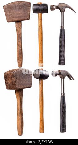 Three types of hammers used in mechanical workshops - rubber, wooden and metal. Isolated background. Stock Photo