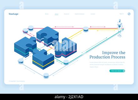 Production process improve isometric landing page, leverage connect puzzle pieces and artificial intelligence robot. Teamwork solutions, business team Stock Vector