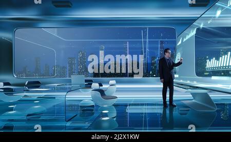 Businessmen working with smart virtual screens projection. Future technology business marketing concept. Stock Photo