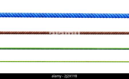 Various colorful ropes isolated on white background with clipping path. Stock Photo