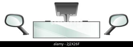 Rear view mirrors in black frame for vehicle interior. Vector realistic set of center and side rearview car mirrors isolated on white background. Auto Stock Vector