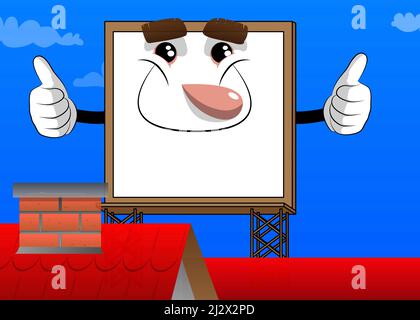 Billboard making thumbs up sign with two hands. Cute cartoon advertisement sign, banner character. Stock Vector