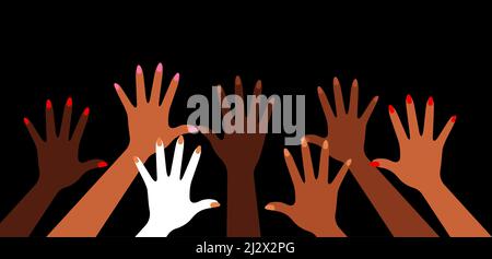 Hands up in the air. Diversity hands different skin color, people of different ethnicities. Concept of celebration, equality, voting. Vector illustrat Stock Vector