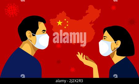 Coronavirus in China. Man in white medical face mask. Shipping from China. Goods delivery. Concept of coronavirus quarantine. Vector illustration. Stock Vector
