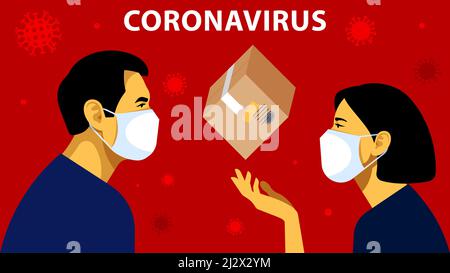 Worldwide Parcel Express in The World. People in white medical face masks send a cardboard postage box. Shipping in The World. Concept of delivery, pa Stock Vector