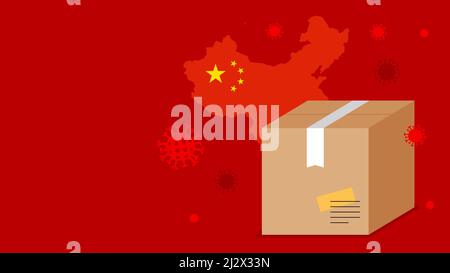 Worldwide Parcel Express from China. Cardboard postage box and coronavirus in the air. Shipping in The World during the lockdown. Concept of delivery, Stock Vector