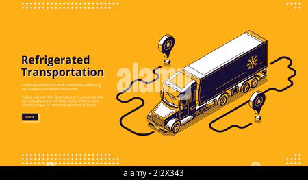 Refrigerated transportation banner. Lorry with refrigerator container for delivery and shipping cold goods and freezed cargo. Vector landing page with Stock Vector