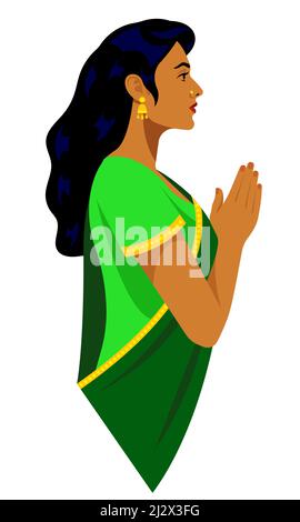 Beautiful Indian woman in traditional clothes - bright green sari. Female portrait, side view. Indian woman in traditional clothing with praying hands Stock Vector