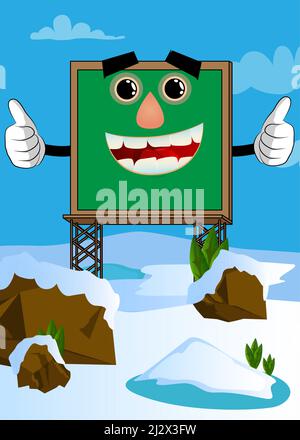 Billboard making thumbs up sign with two hands. Cute cartoon advertisement sign, banner character. Stock Vector