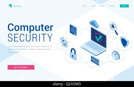 Computer security banner. Concept of safety internet technology, data secure. Vector landing page of information protect with isometric illustration o Stock Vector